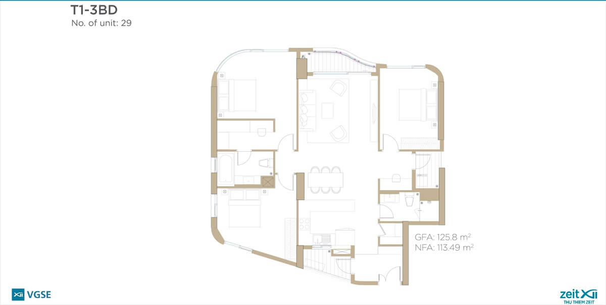 Layout thiết kế căn hộ 3 phòng ngủ tháp T1 - Thủ Thiêm Zeit River