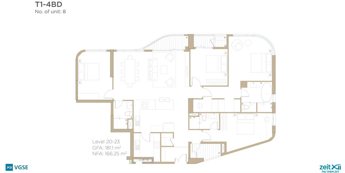Layout thiết kế căn hộ 4 phòng ngủ tháp T1 - Thủ Thiêm Zeit River